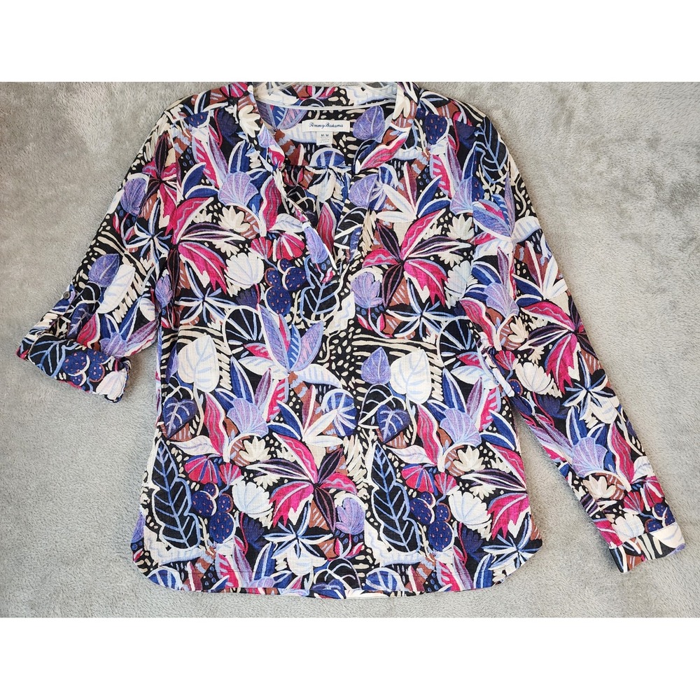 Tommy Bahama Shirt Womens Medium Tropical Leaf Print Roll Tab Sleeve Boho Top